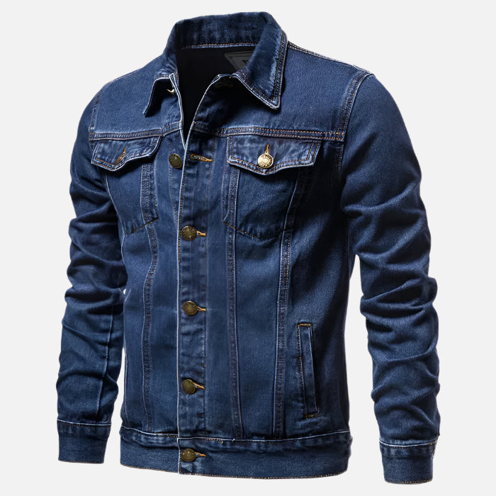 Jaqueta Jeans Masculina Strauffen SF185, com design clássico, perfeita para ocasiões casuais ou formais com conforto e estilo atemporal.